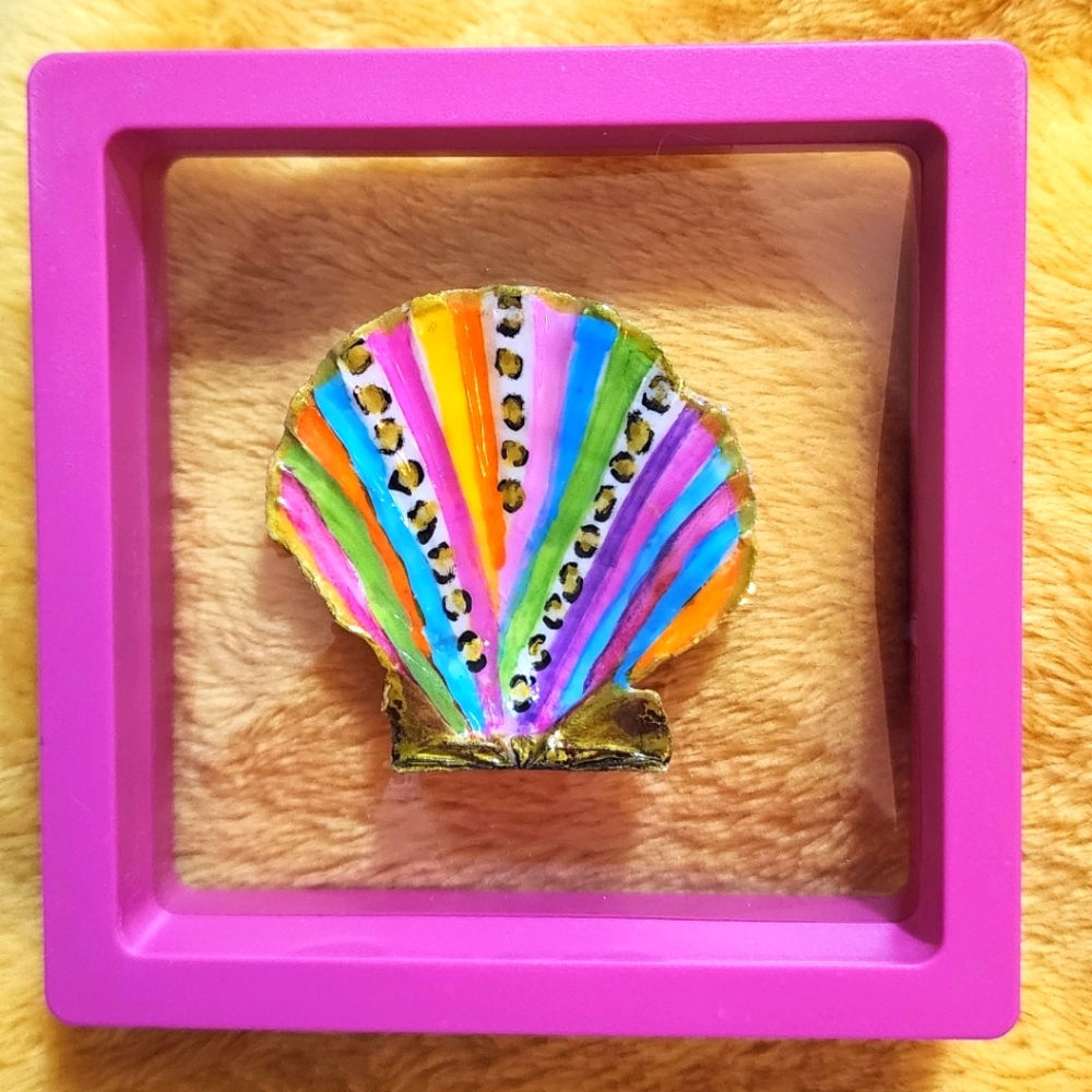 Hand Painted, One -of-a-Kind Colorful Shell In Floating Pink Frame